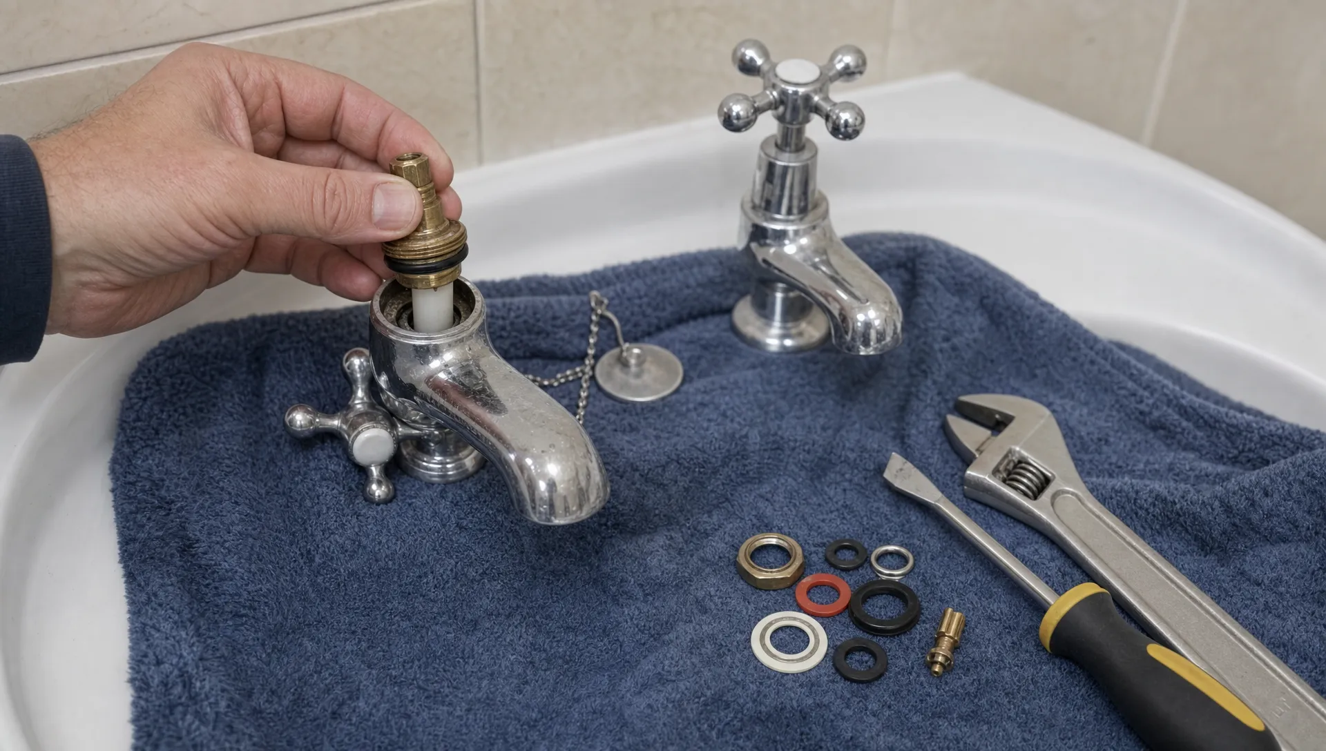 A close-up of a bathroom basin tap being repaired, with a cloth protecting the sink and small washers and tools laid out beside it.