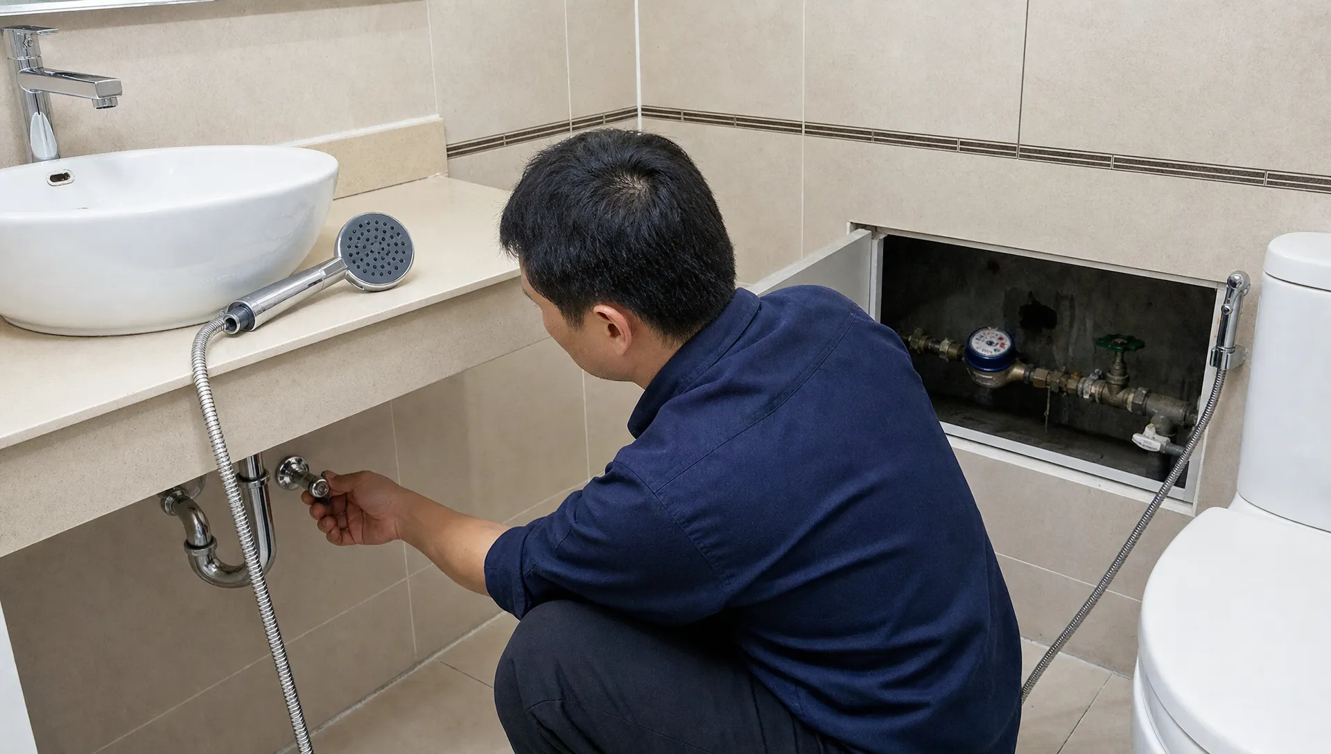 A detached shower head sits by the basin while the stopcock under the sink and the water meter are checked for low pressure.