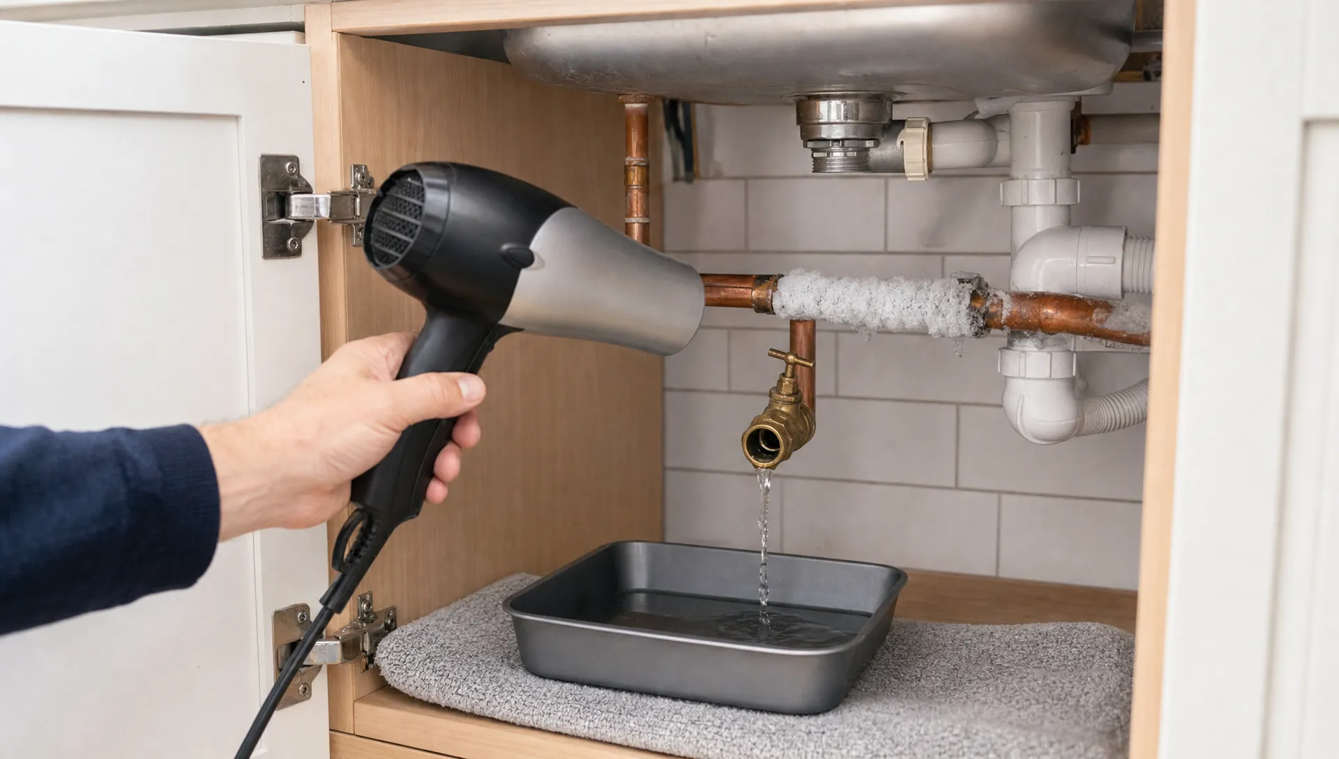 A hand warms an exposed pipe in a kitchen cupboard while the tap is left open for safe thawing.