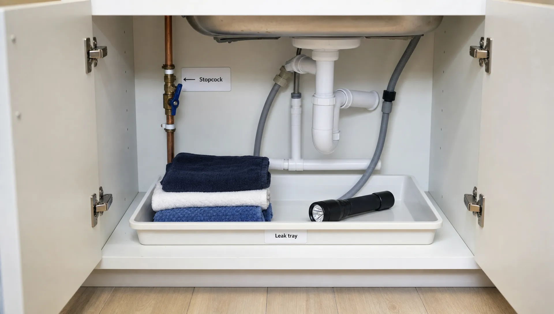 A kitchen sink cupboard with a labelled stopcock, leak tray, towels and a torch ready for a burst pipe response.