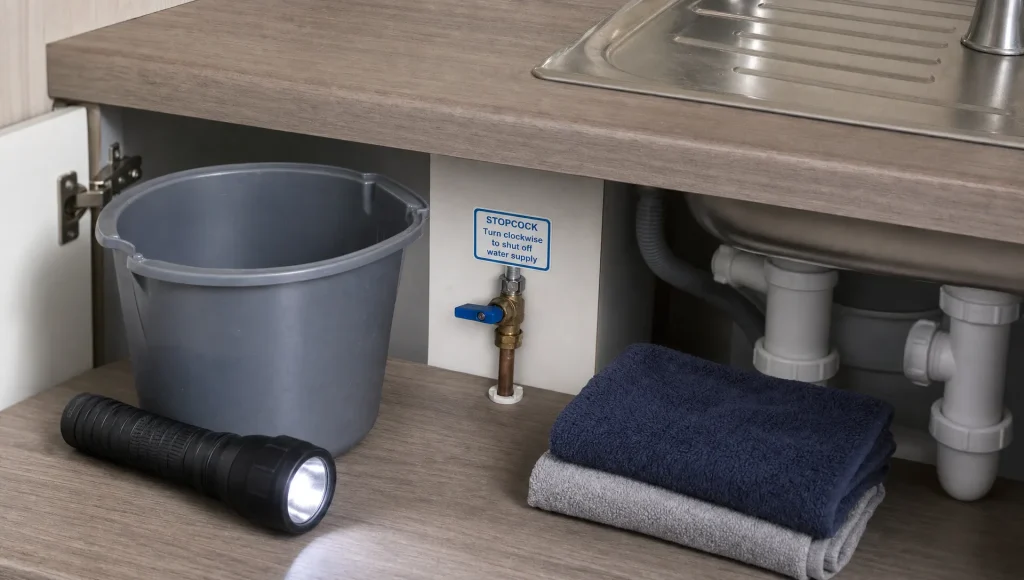 A labelled stopcock beside a kitchen sink with a torch, bucket and towels ready for a burst pipe emergency.