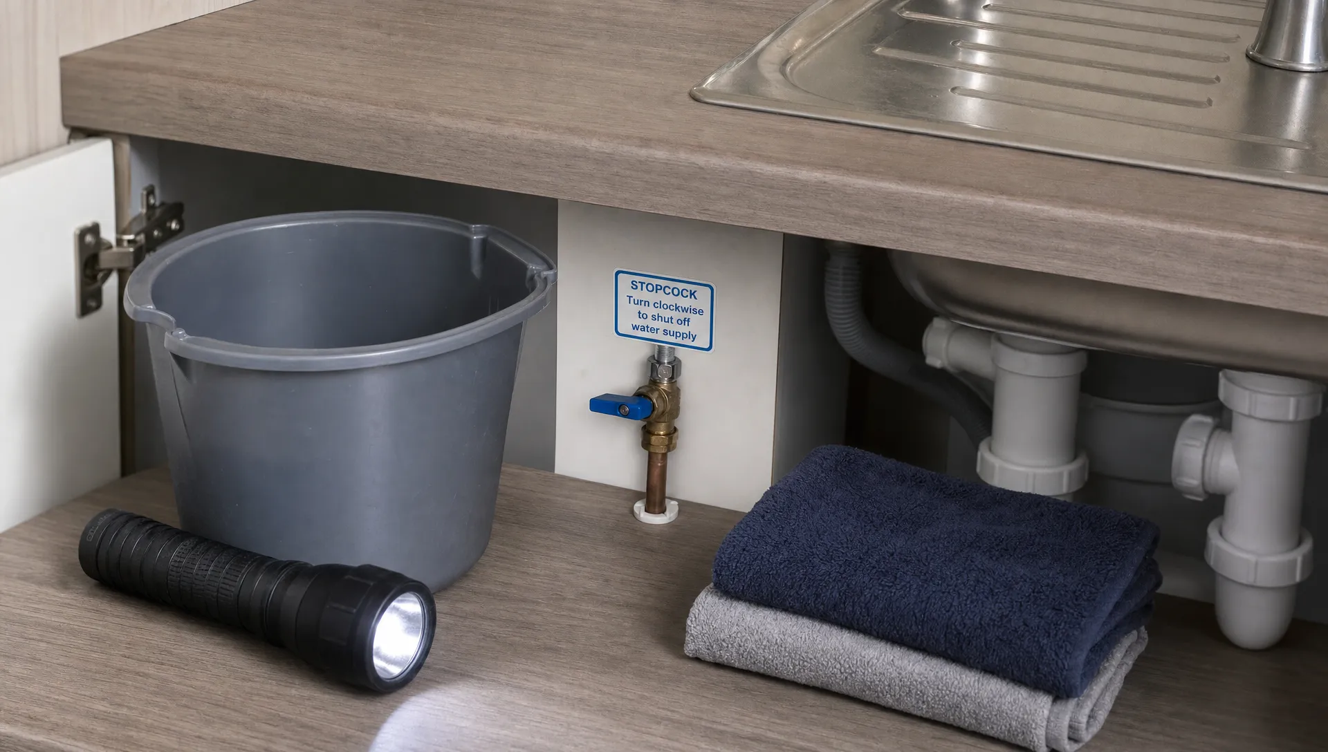 A labelled stopcock beside a kitchen sink with a torch, bucket and towels ready for a burst pipe emergency.