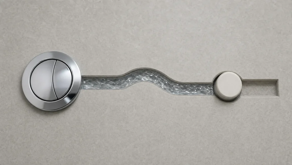 A toilet flush button graphic highlights the idea of a blocked or weak flush.