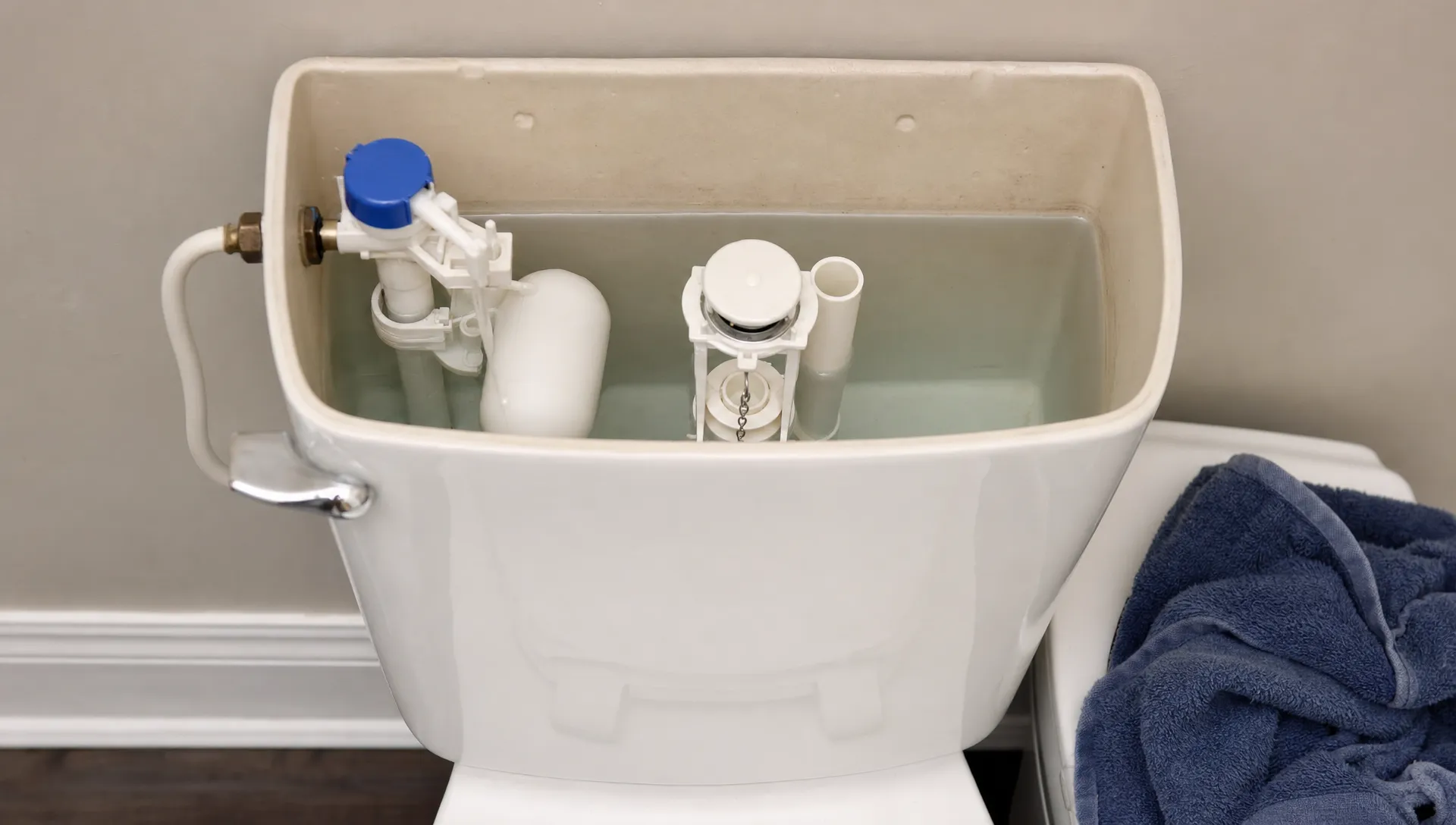An open toilet cistern from eye level, showing the fill valve, float, central flush valve and normal water level, with a towel nearby for a simple home repair.