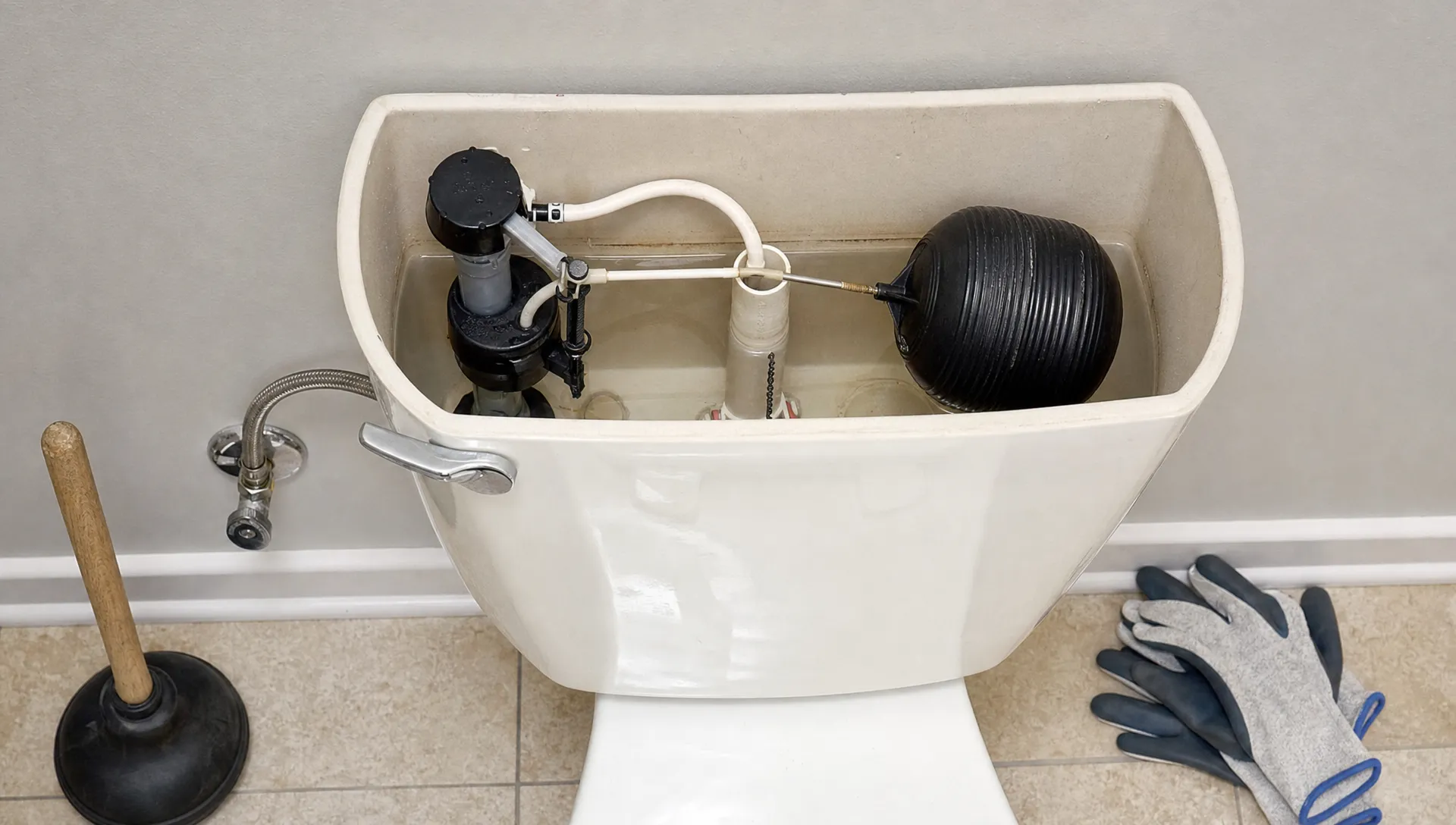 An open toilet cistern shows the flush valve, fill valve, float and water line, with a plunger and gloves nearby for troubleshooting.