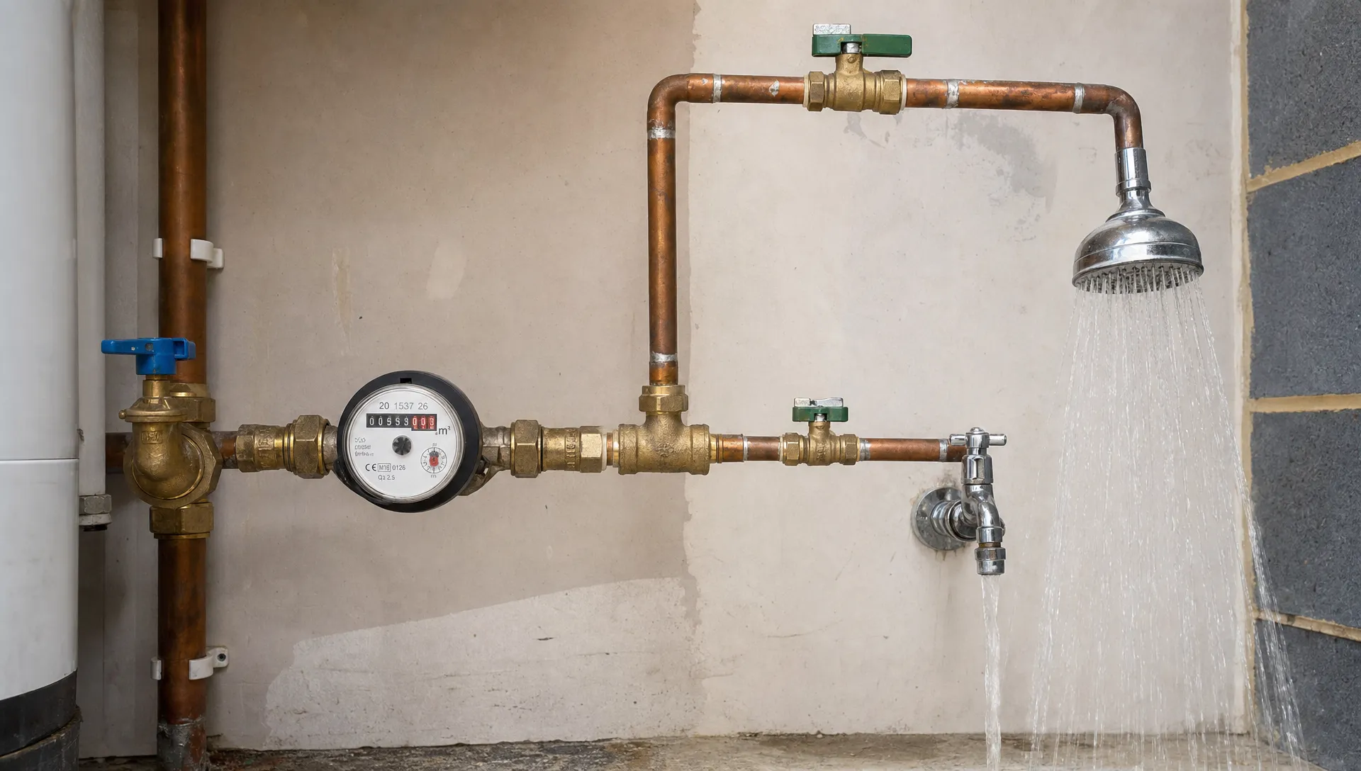 Pipework, a stopcock and a water meter suggest where low shower pressure may be coming from.